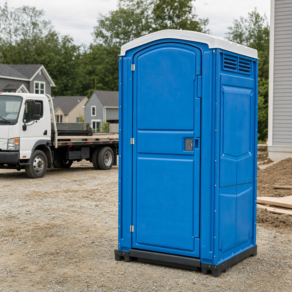 Delivery driver positioning a clean royal-blue portable toilet on level ground at a San Antonio worksite