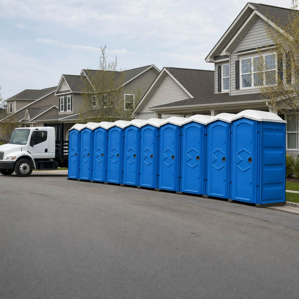 Royal blue portable toilets staged in a tidy row at a San Antonio jobsite, ready for delivery